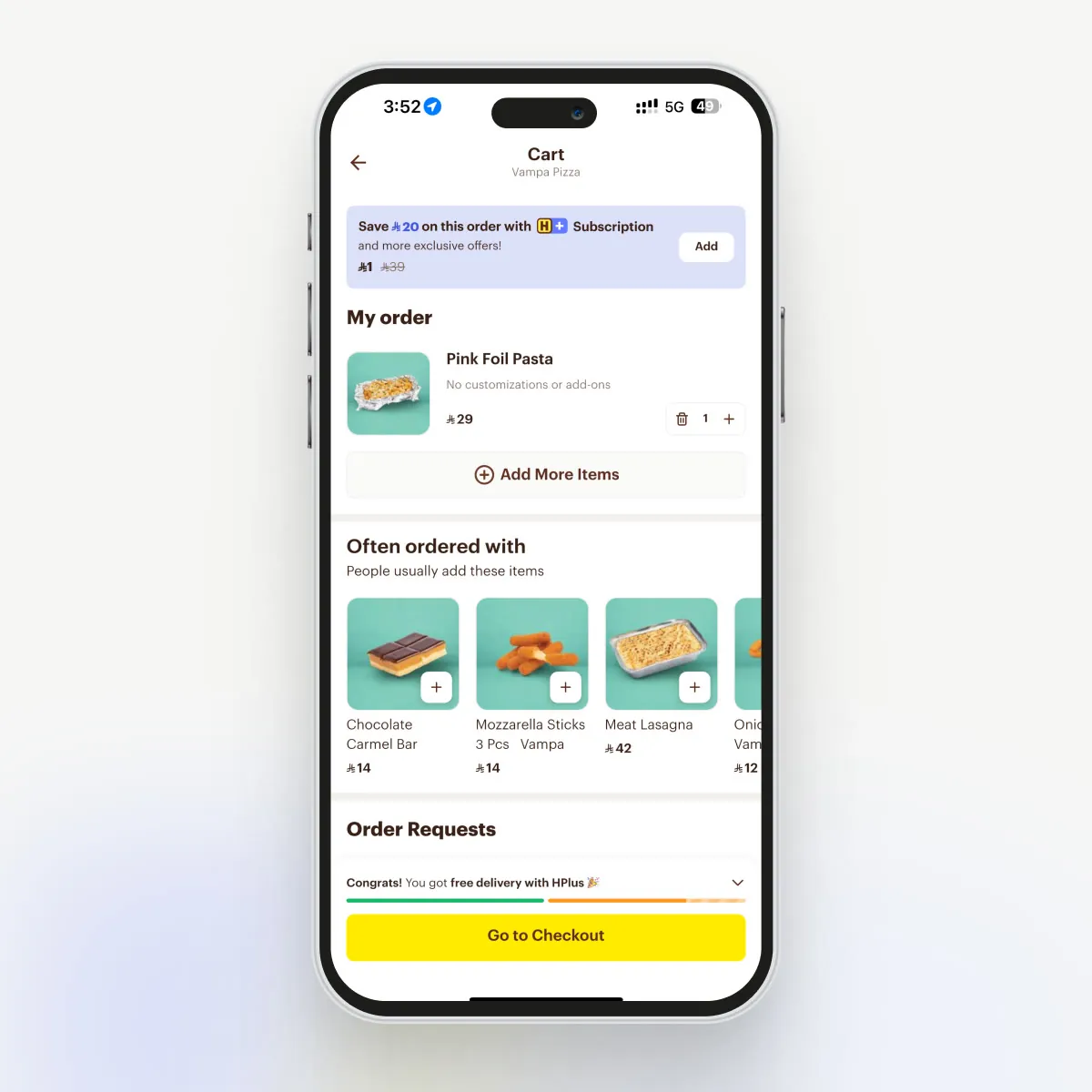 Cart variation showing the current-order saving available with HPlus