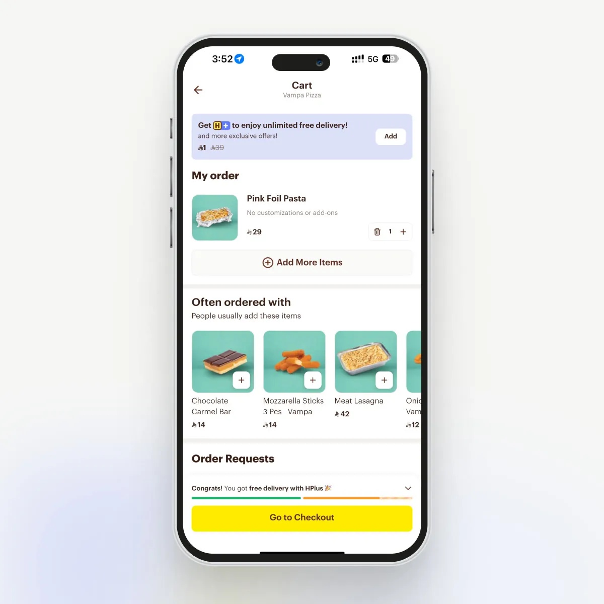 Cart variation leading with unlimited free delivery as the HPlus benefit