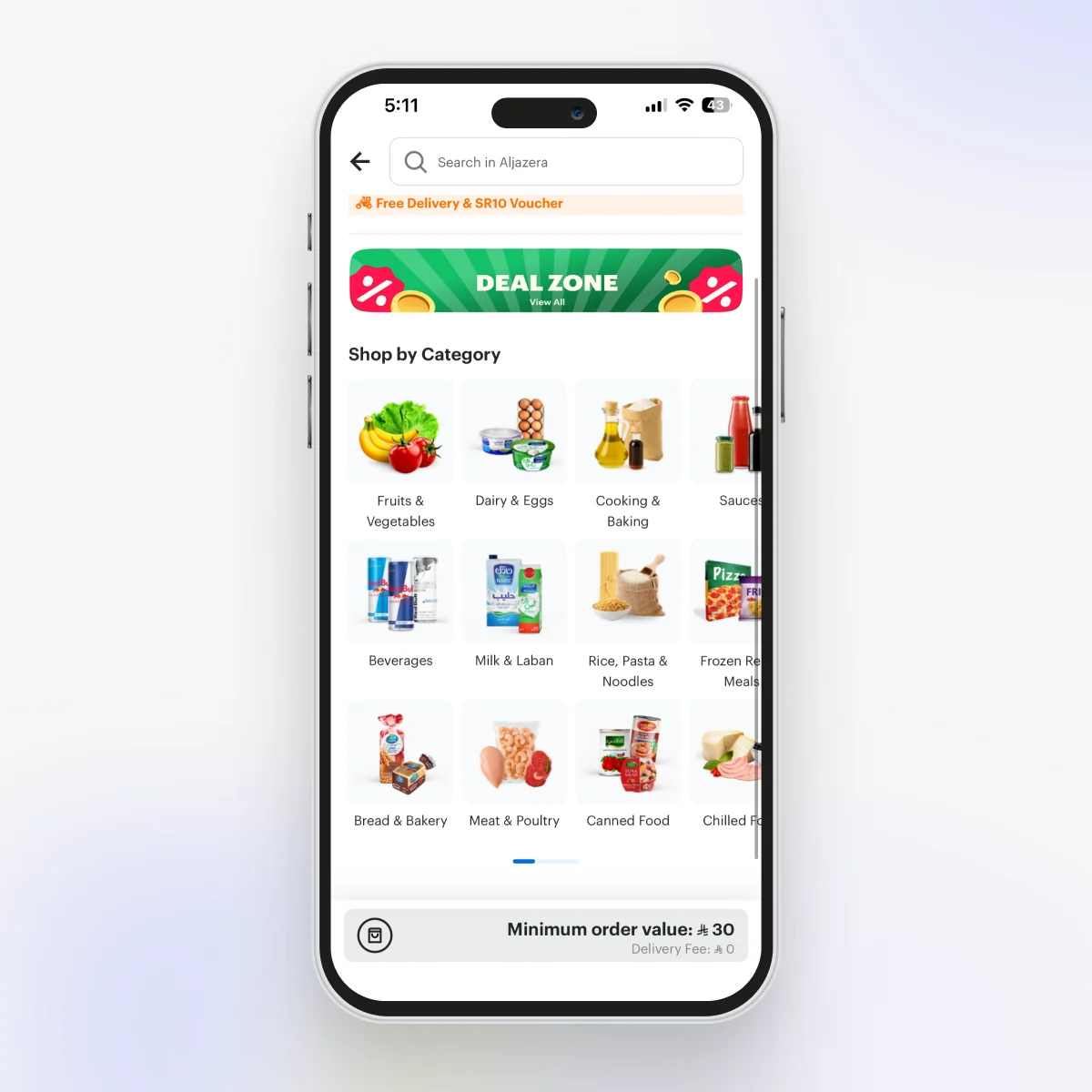 Shop by category as a fixed-height horizontal scroll widget with separated image and label