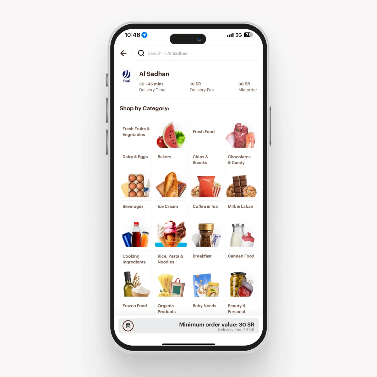 Shop by category as boxed cards with title and image stacked down a long vertical scroll