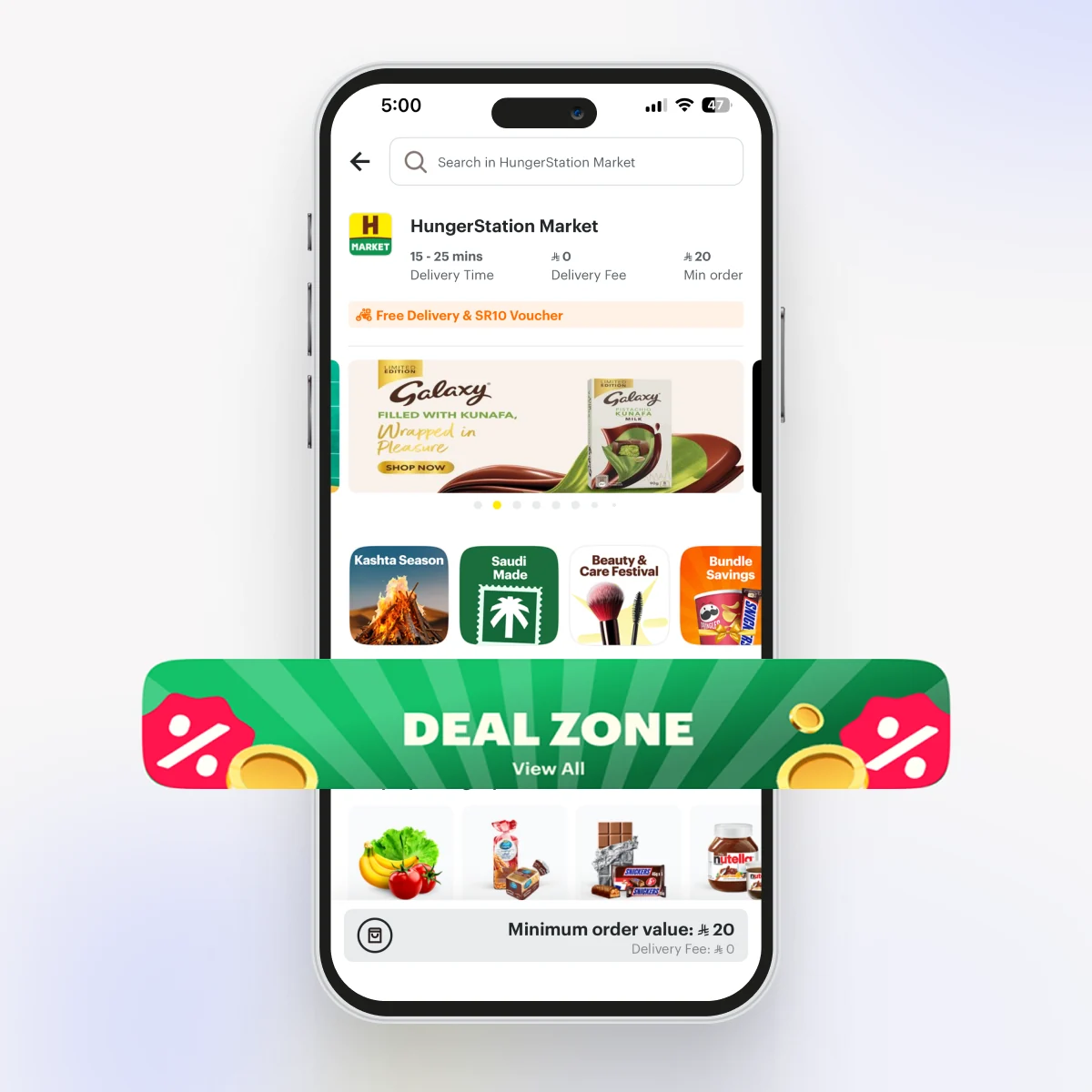 HungerStation Market landing with a large Deal Zone entry banner, campaign collections, and a seasonal header