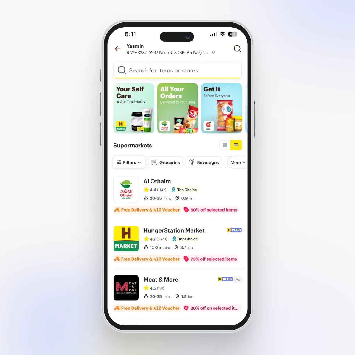 Redesigned HungerStation supermarket listing with ratings, delivery times, and live offers on each store
