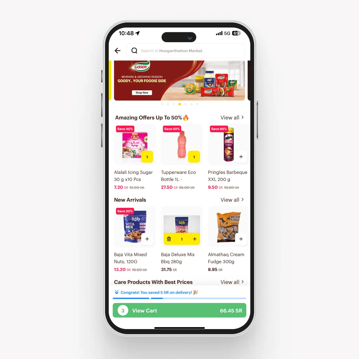 Store listing with plain text section titles above repeating horizontal product rows