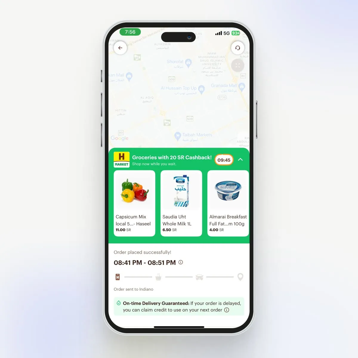 HMarket shelf with cashback and expiry timer on the order tracking page